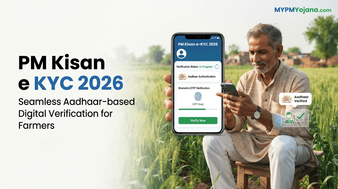 PM Kisan e KYC 2026 के लिए मोबाइल से Aadhaar verification करता किसान