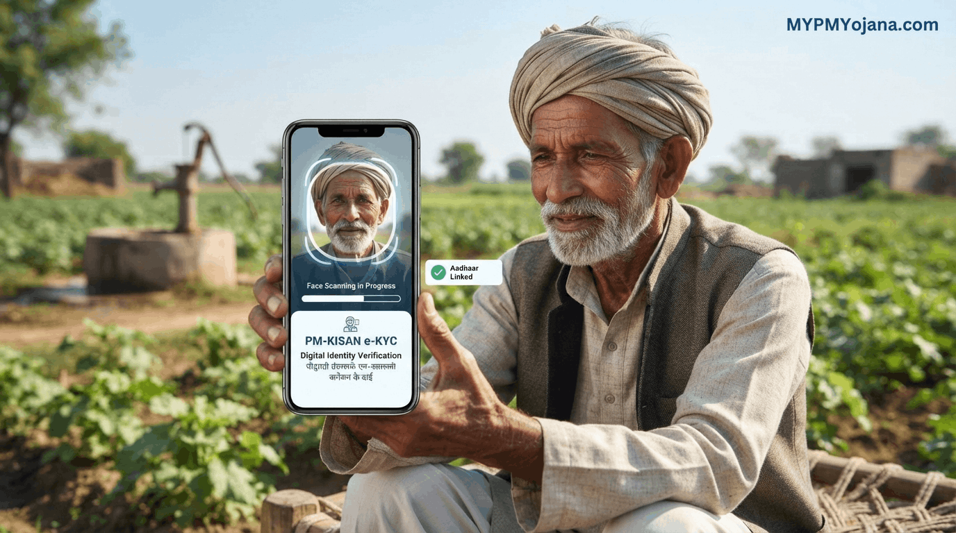 PM Kisan Face Authentication से e-KYC करता किसान