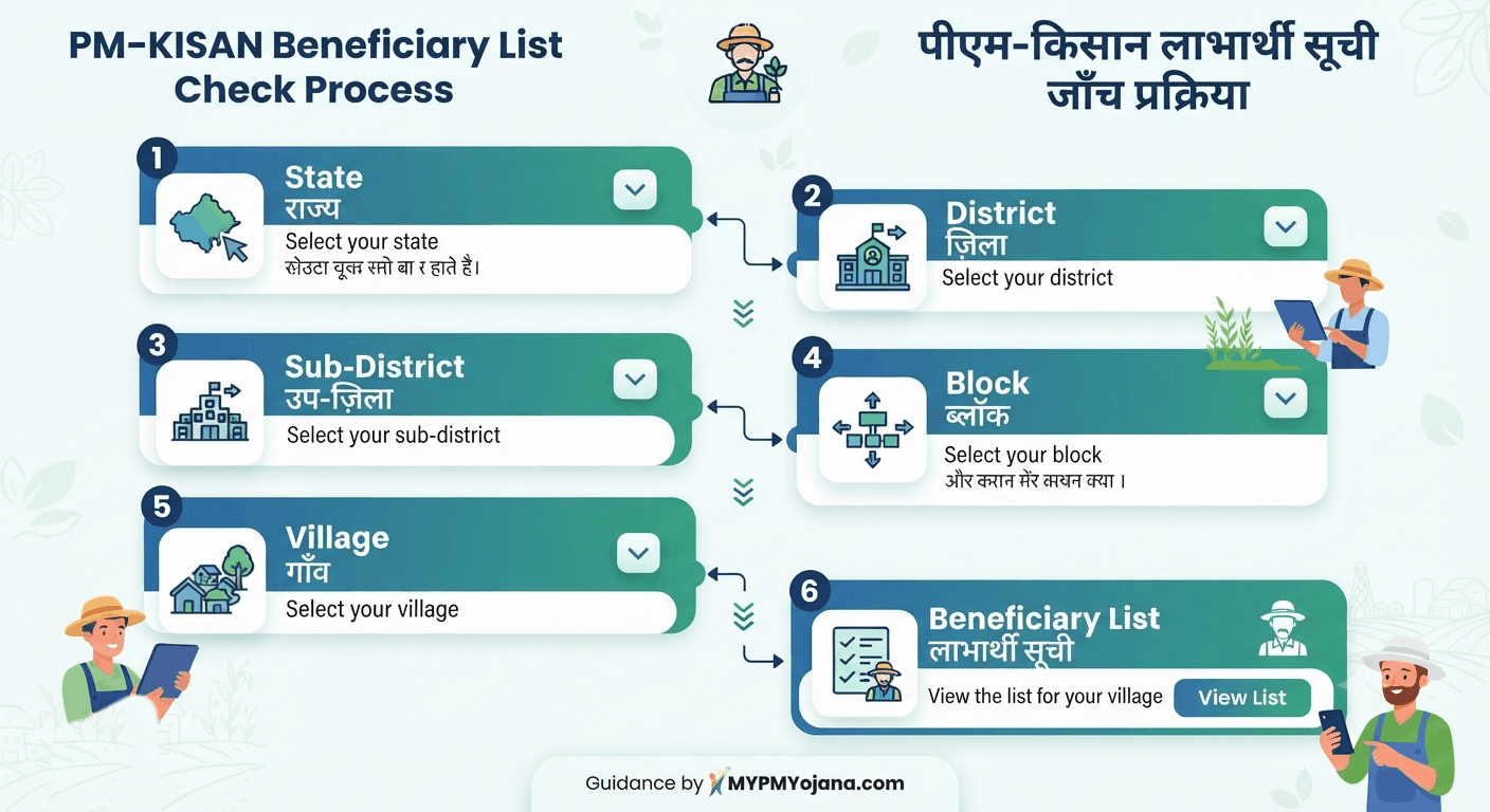PM Kisan beneficiary list में State District Block और Village चुनने की प्रक्रिया