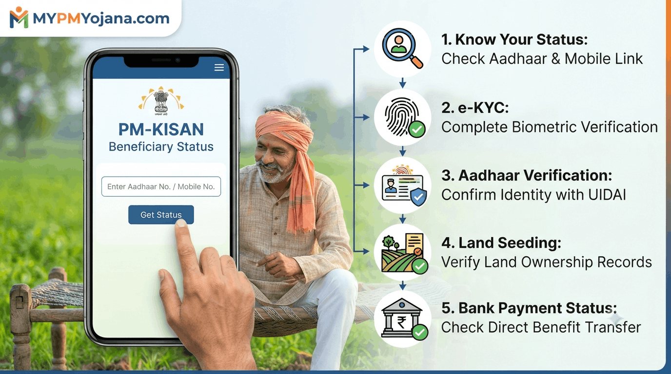 PM Kisan beneficiary status और e-KYC check करते भारतीय किसान