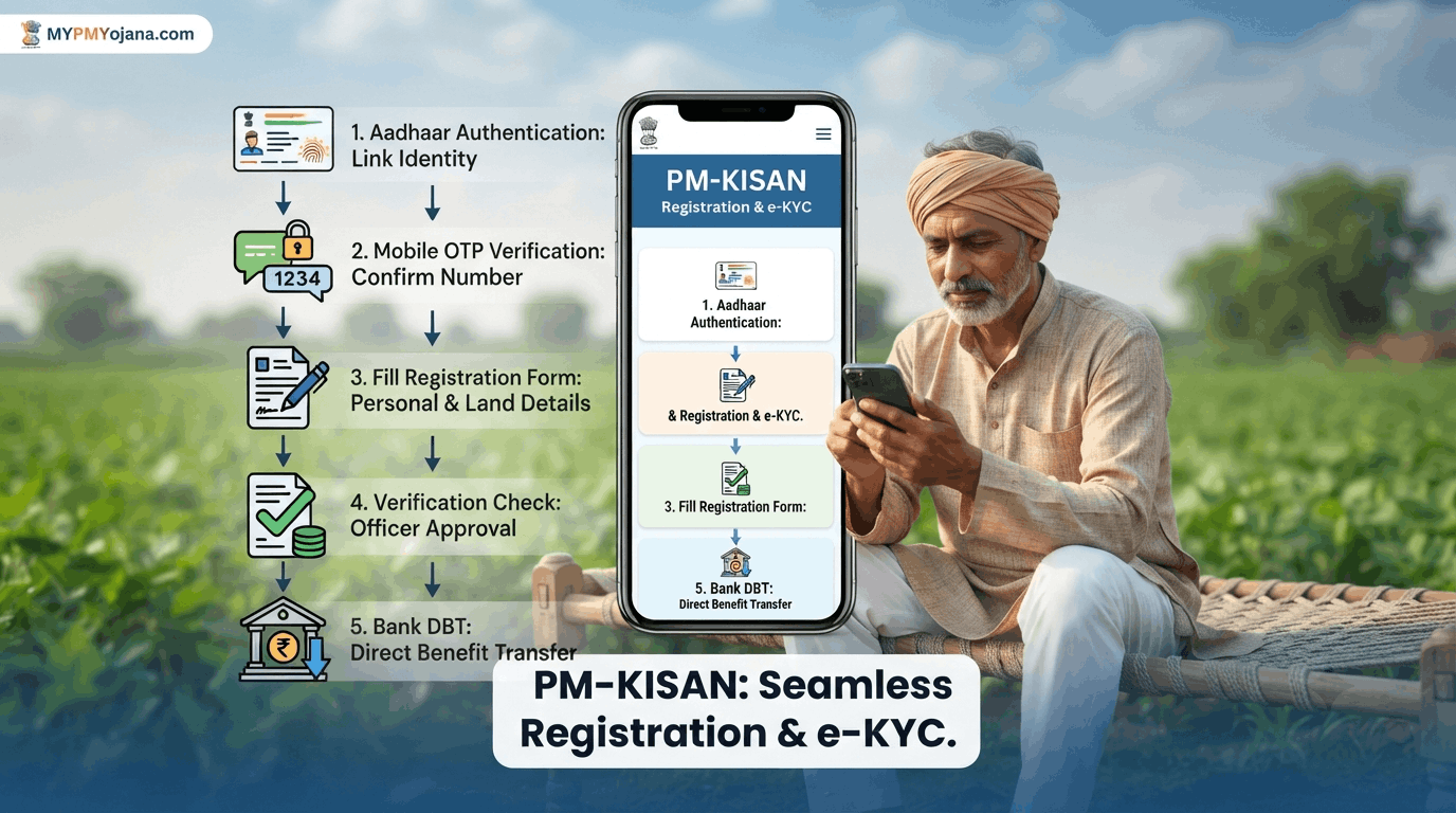 PM Kisan registration और e-KYC प्रक्रिया समझाता smartphone illustration